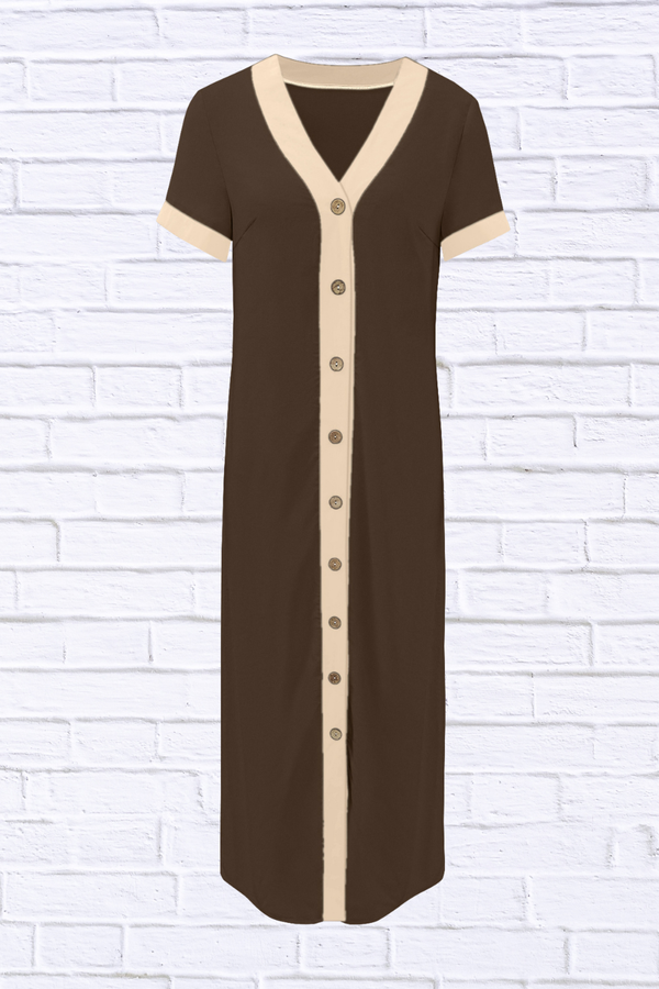 Button-Front Contrast Trim Midi Dress