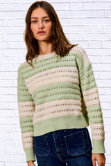 Wendy Openwork Round Neck Wide Stripe Textured Sweater