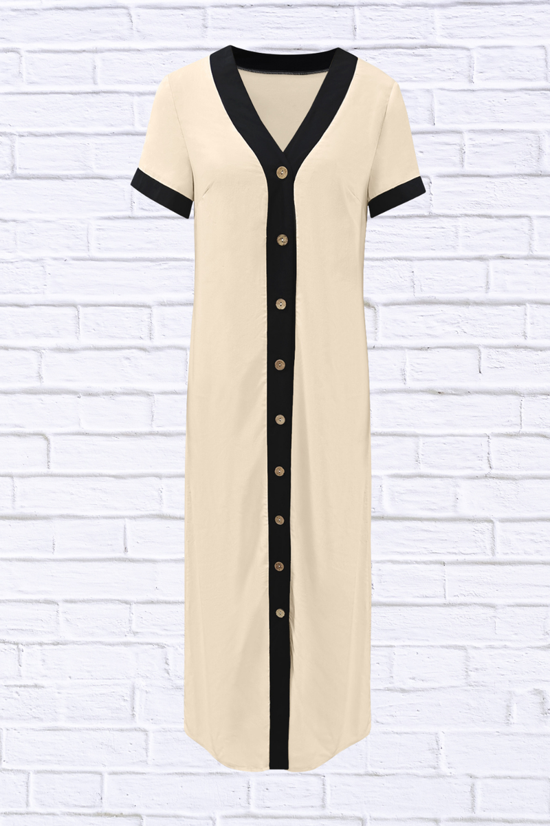 Button-Front Contrast Trim Midi Dress