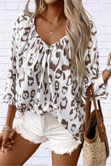 Leopard V-Neck Three-Quarter Sleeve Blouse