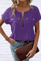 Casual Zipper Front Short Sleeve Blouse