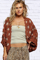 POL Openwork V-Neck Chenille Cardigan with Contrast Floral