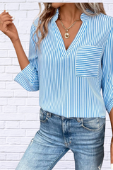 Striped Notched Roll-Tab Sleeve Shirt