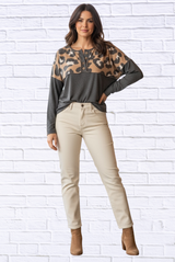 Leopard Print Button Detail Color Block Sweater