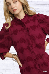 Heart Jacquard Ruffle Trim Shirt