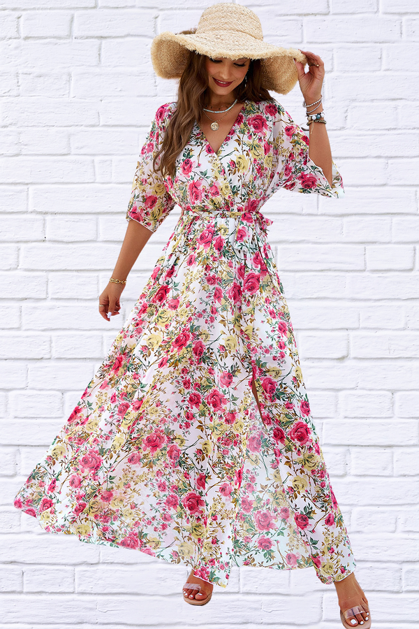 Printed Tied Half Sleeve Slit Dress