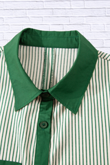 Stripe Color Block Patchwork Shirt Collar Button Down Puff Sleeve Mini Dress