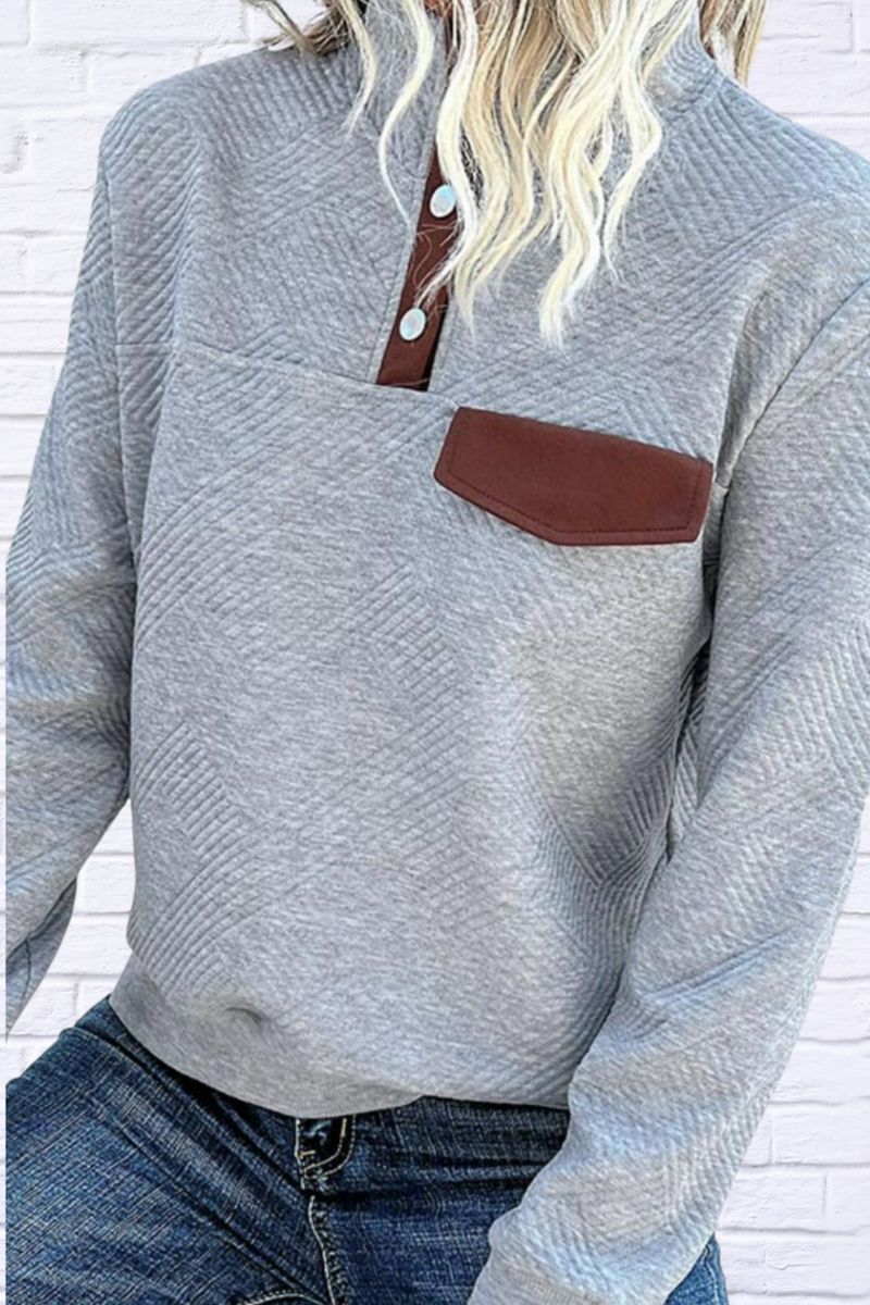 Grey Contrast Ribbed Quarter-Snap Sweatshirt