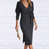 Women's V-Neck Knitted Tie Dress - Fall Fashion 2023 | Diva USA
