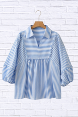 Striped Notched 3/4 Sleeve Blouse