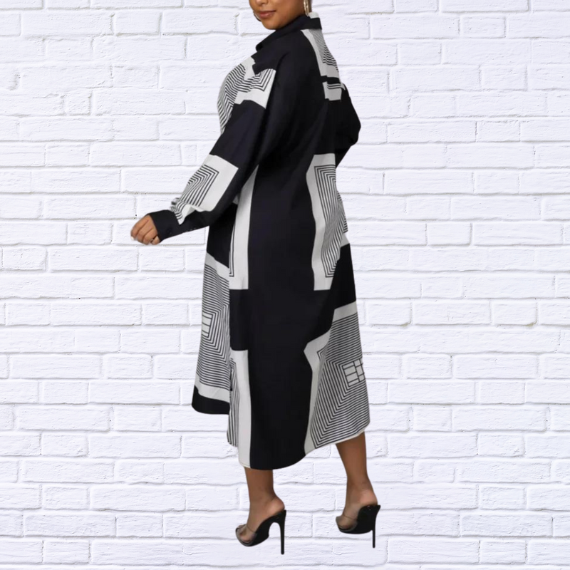 Plus Long Geometric Patterns Shirts Dress(Belt Not Included)