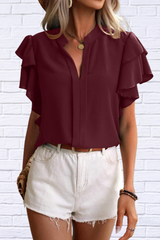 Ruffled Notched Short Sleeve Blouse