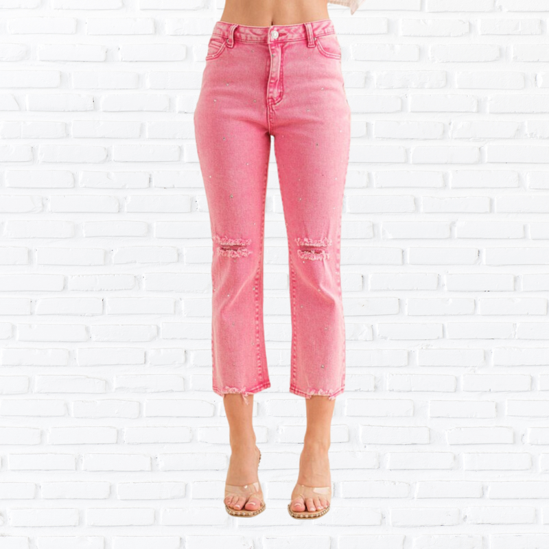 Studded Rhinestone Distressed Denim Jeans
