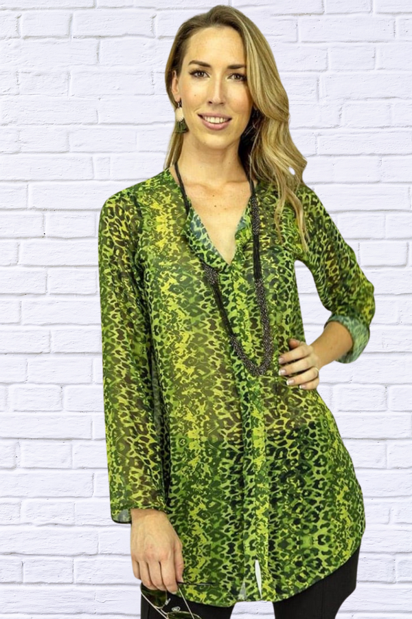 Lime Green Chiffon Cross Back Blouse Cheron Print