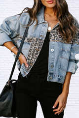 Distressed Leopard Drop Shoulder Denim Jacket