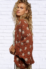POL Openwork V-Neck Chenille Cardigan with Contrast Floral