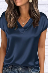 Satin V-Neck Short Sleeve Blouse