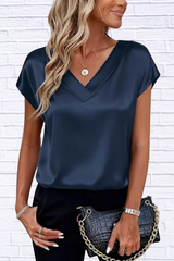 Satin V-Neck Short Sleeve Blouse