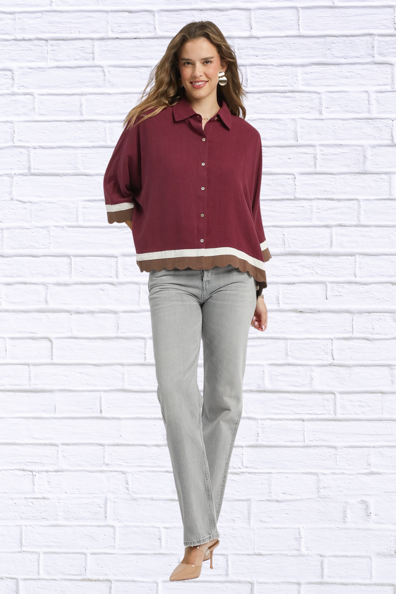 Burgundy Colorblock Button-Down Shirt with Scallop Hem