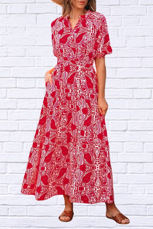 Paisley Print Side Slit Puff Sleeve High Waist Maxi Dress