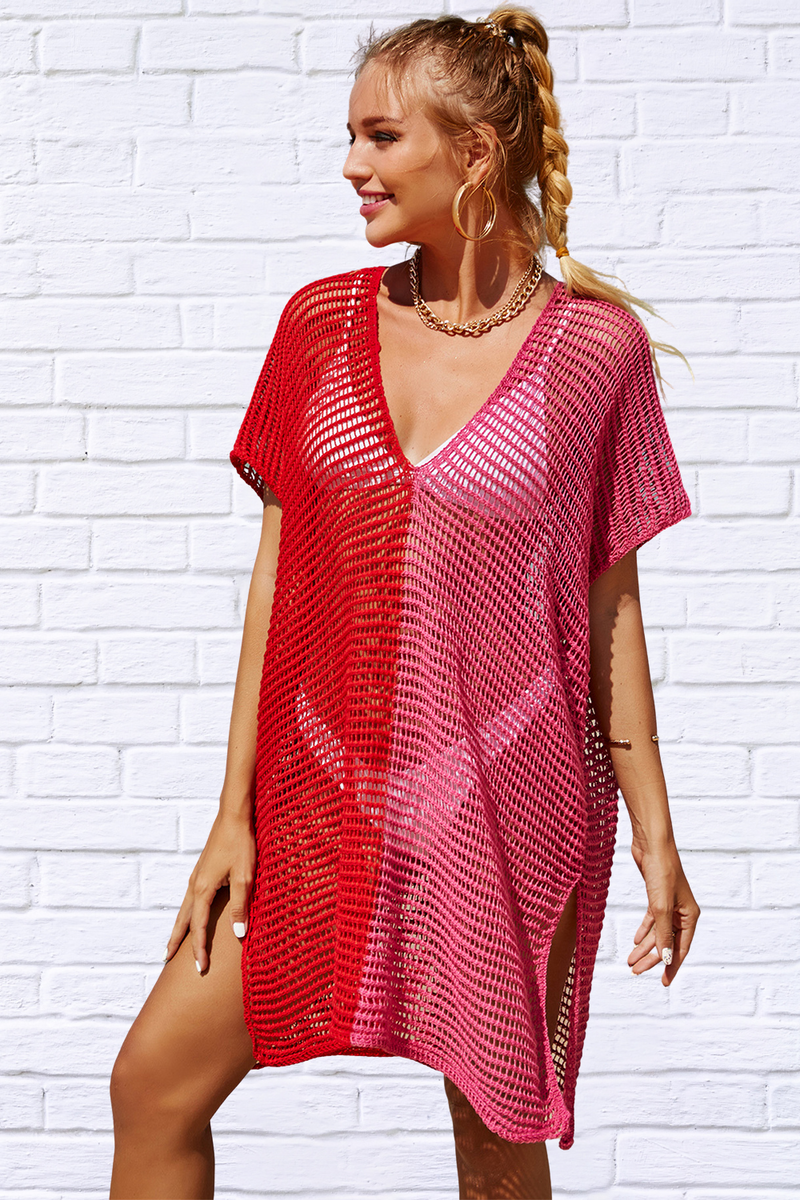 Openwork Contrast Slit Knit Cover Up