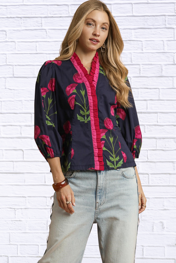 🌸 Floral Print Ruffle Trim Puff Sleeve Blouse