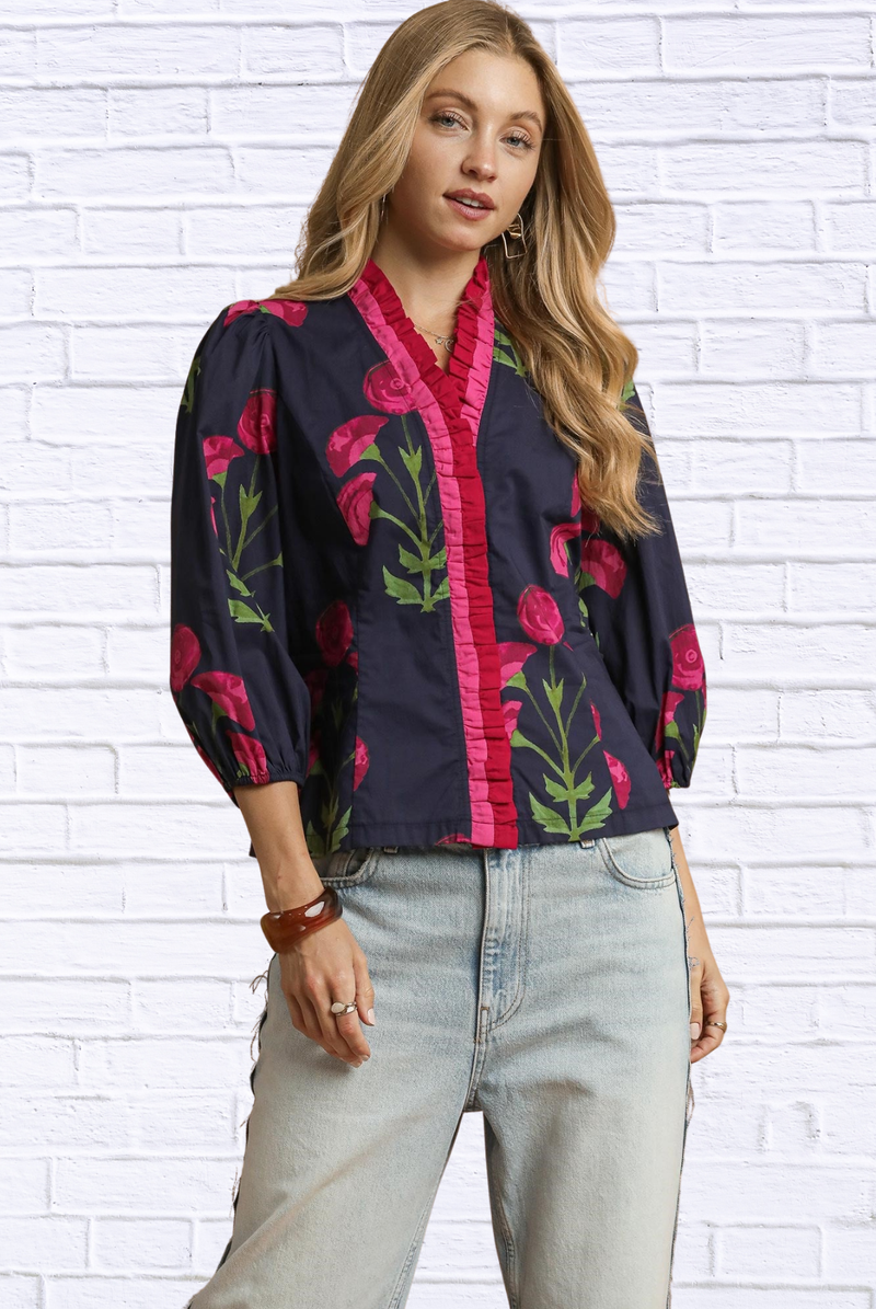 🌸 Floral Print Ruffle Trim Puff Sleeve Blouse
