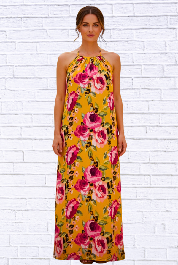 Demi Column Maxi Dress - Tangerine/Cerise Pink / Animal Combo