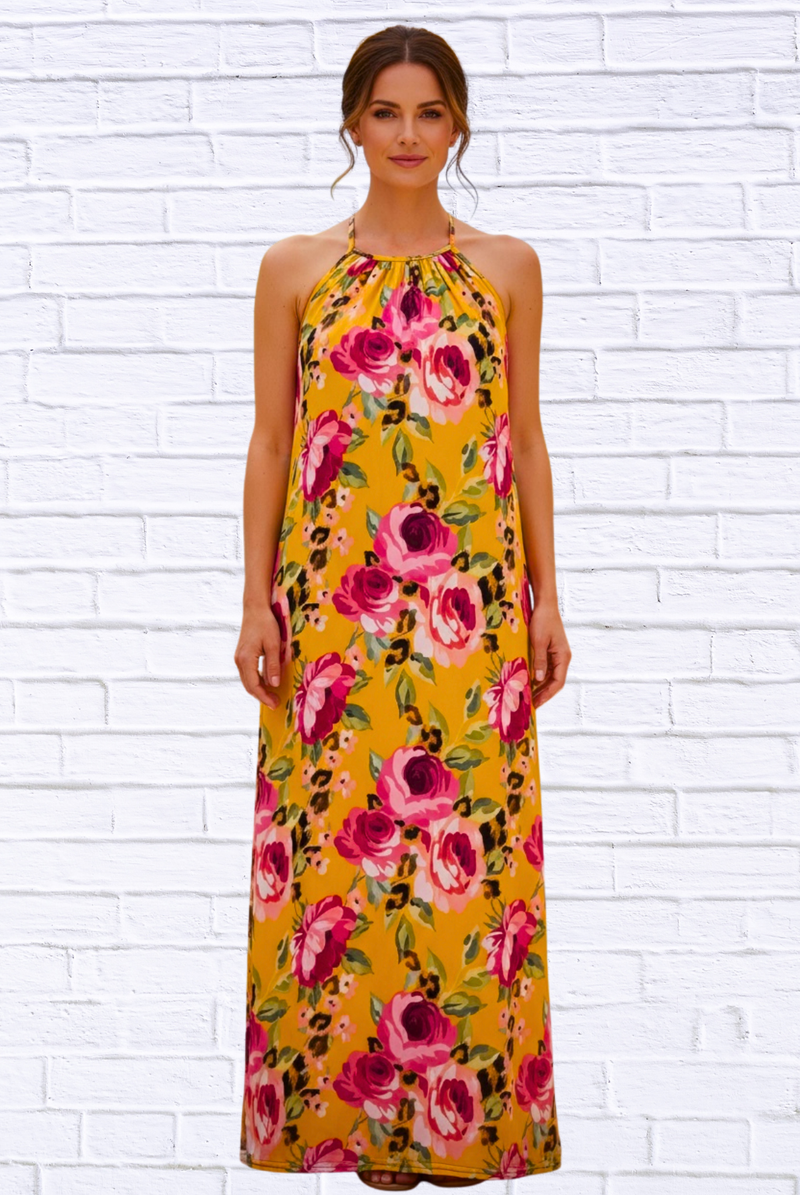 Demi Column Maxi Dress - Tangerine/Cerise Pink / Animal Combo