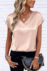 Satin V-Neck Short Sleeve Blouse