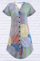 Geometric V-Neck Short Sleeve Button-Front Dress