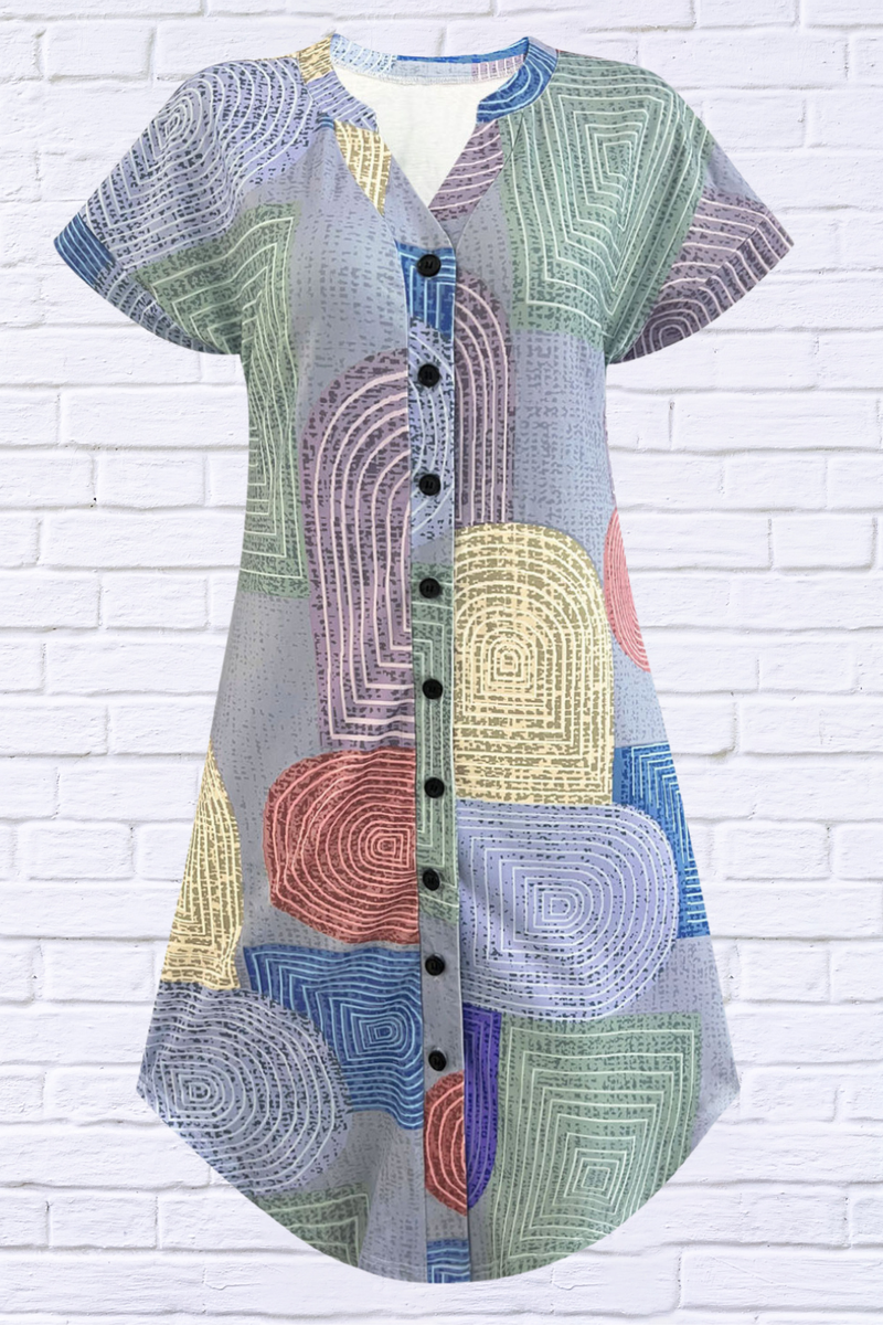 Geometric V-Neck Short Sleeve Button-Front Dress