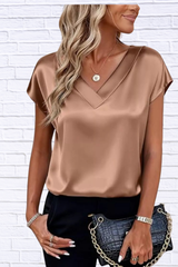 Satin V-Neck Short Sleeve Blouse