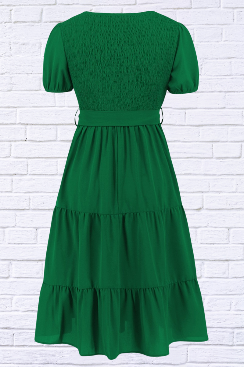 Smocked Tie Front Short Sleeve Tiered Dress