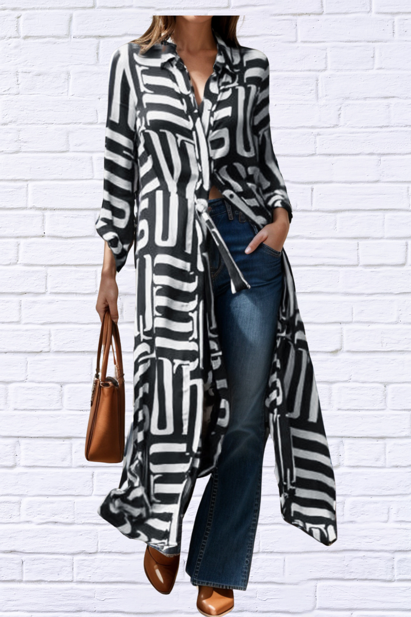 Contrast Collared Neck Long Sleeve Longline Shirt