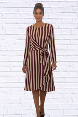 Burgundy and Cream Striped Long Sleeve Wrap Dress – Elegant Tie-Waist A-Line Midi Dress