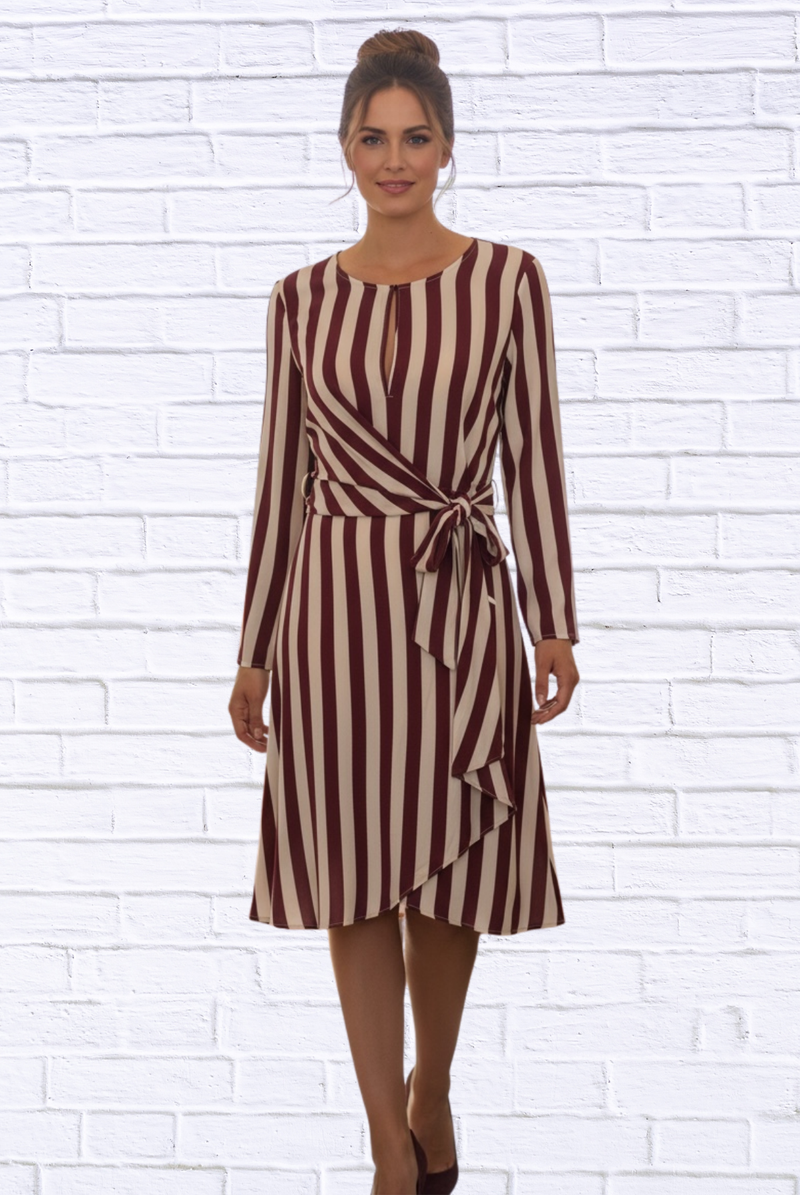 Burgundy and Cream Striped Long Sleeve Wrap Dress – Elegant Tie-Waist A-Line Midi Dress