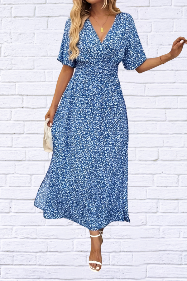 Blue Slit Ditsy Floral Surplice Short Sleeve Maxi Dress