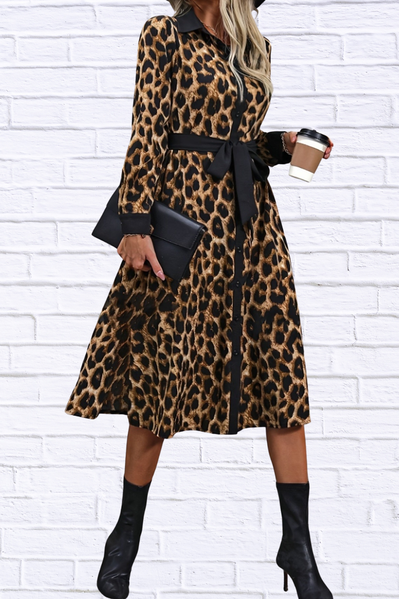 Leopard Print Belted Shirt Dress