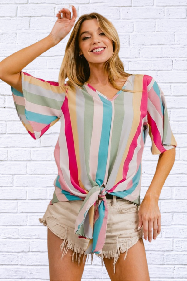 Multi Stripe Woven V Neck Top with Long Front Tie