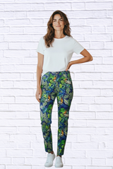 Tropical Toucan Print Slim Ankle Straight Leg Cotton Sateen Pants