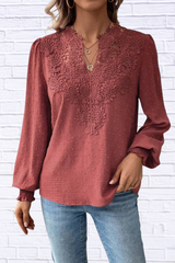 Swiss Dot Lace Detail Long Sleeve Blouse