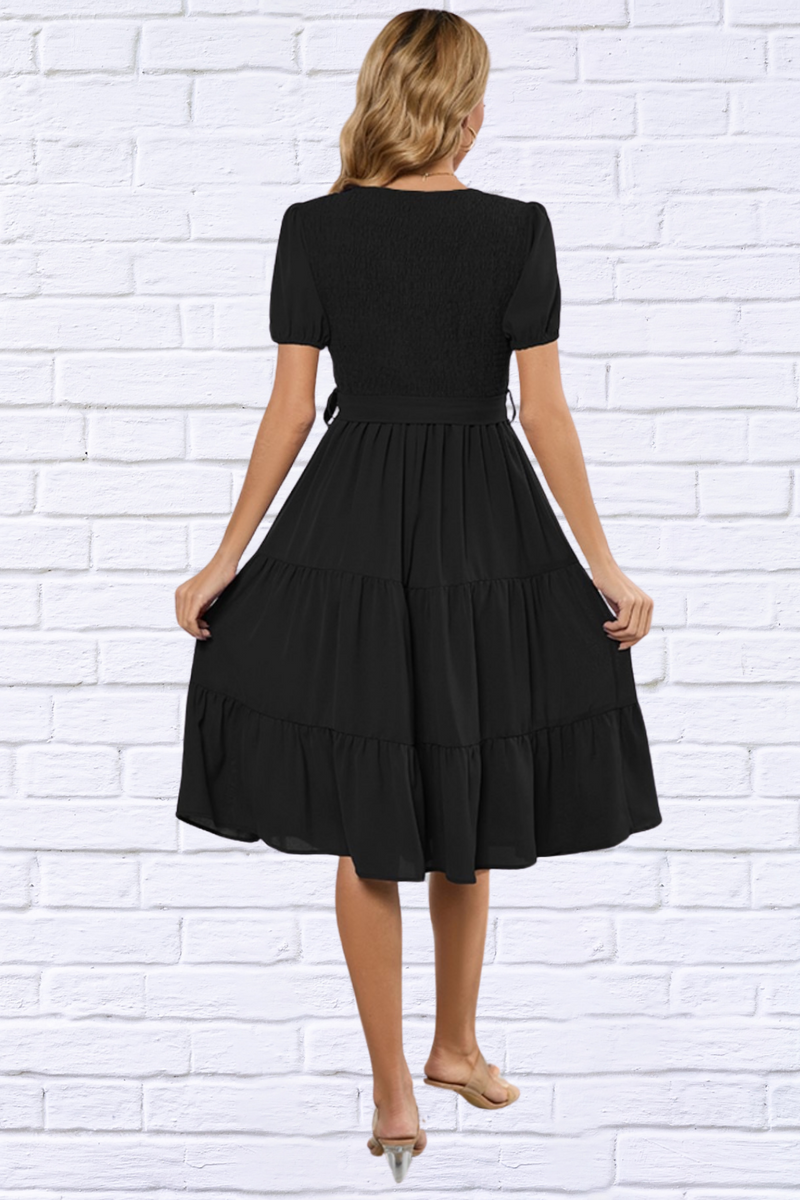 Smocked Tie Front Short Sleeve Tiered Dress