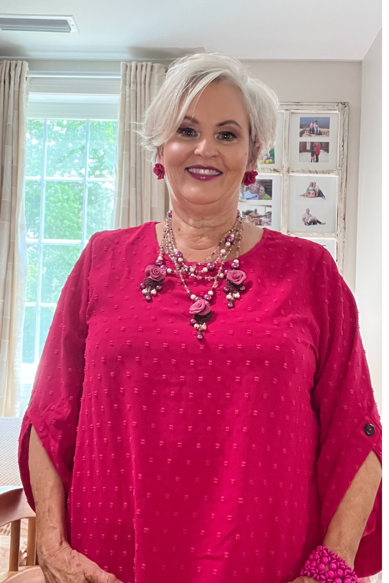 Swiss Dot Round Neck Petal Sleeve Top – Cerise Pink