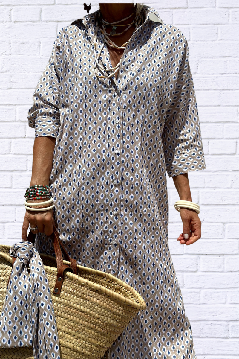Tied Button-Up Three-Quarter Sleeve Dress – Effortless Elegance with a Flattering Fit