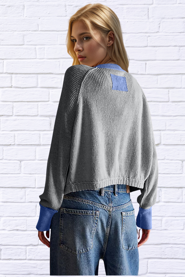 Contrast Button Up Round Neck Long Sleeve Cardigan