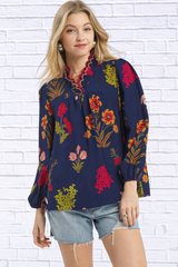 Umgee Flower Print Blouse with Scalloped Neckline