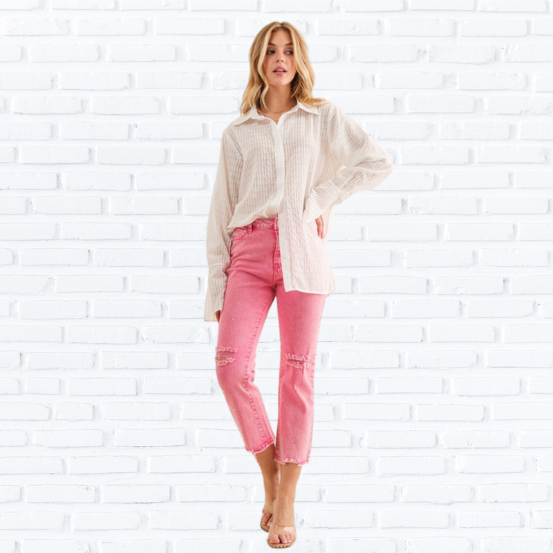 Studded Rhinestone Distressed Denim Jeans