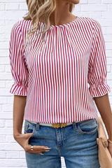 Striped Round Neck Half Sleeve Casual Blouse