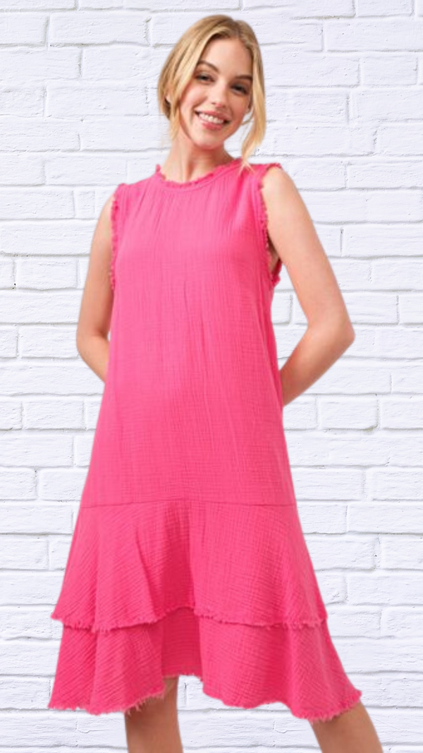 Pink  Washed Fringe Detail Tiered Dress